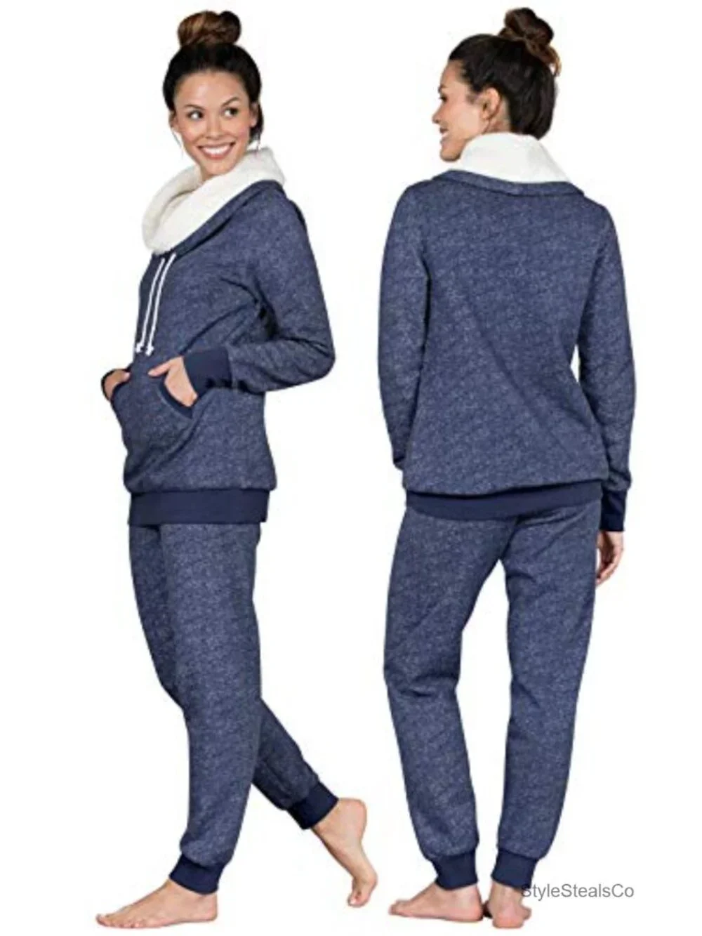 Women's Sherpa Fleece Cowl Neck Pajama Set - PajamaGram Lounge Set - Cotton